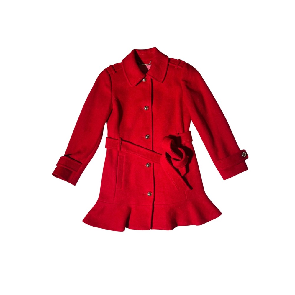 Kate Spade Girls Red Belted Ruffle Hem Long Sleeve Wool Blend Coat